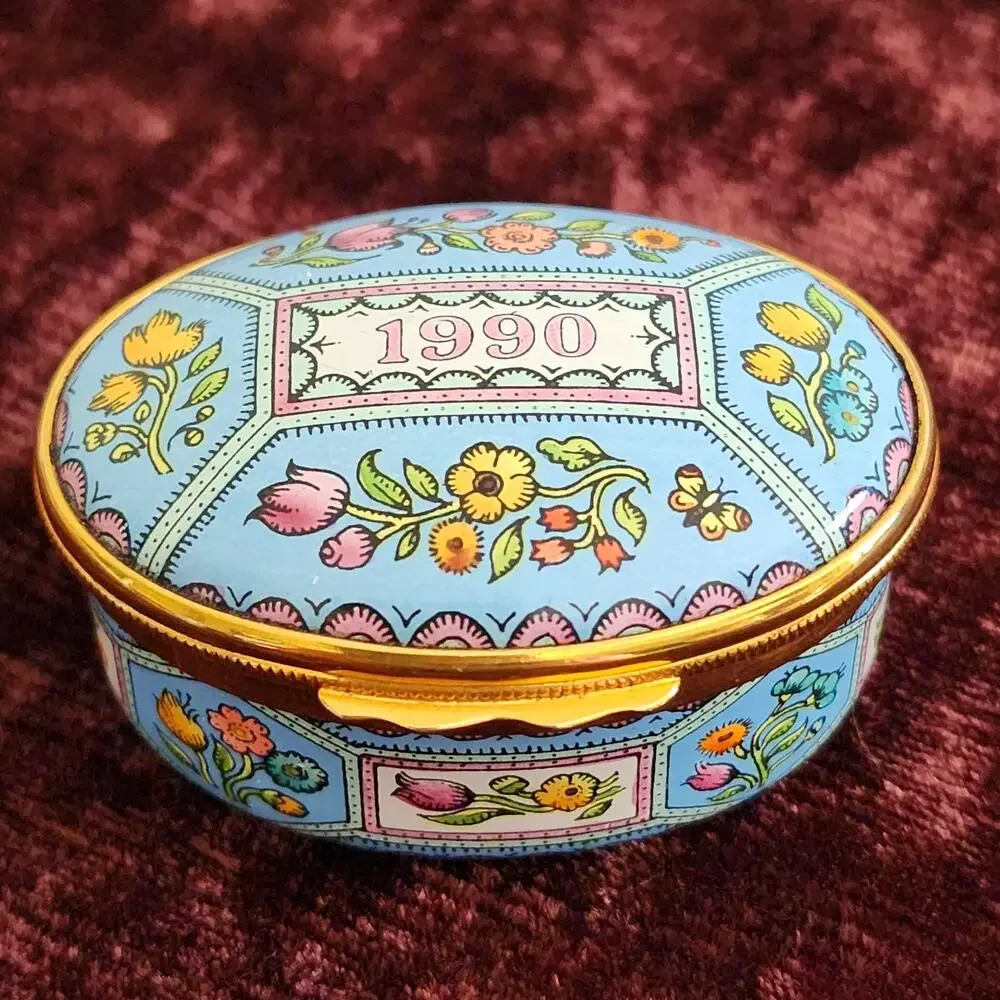 Halcyon Days 1990 Enamel Trinket Box Vintage Floral